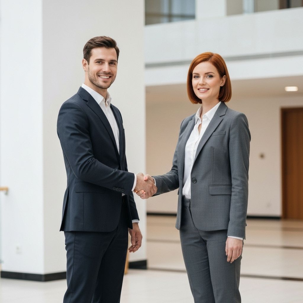 Professional man and woman shaking hands in modern office environment
